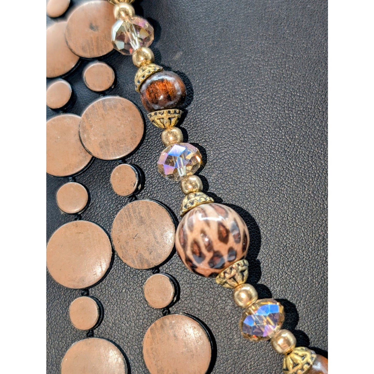 Four Piece Brown Pink Wood Crystal Animal Print Lot of 2 Necklaces & 2 Bracelets