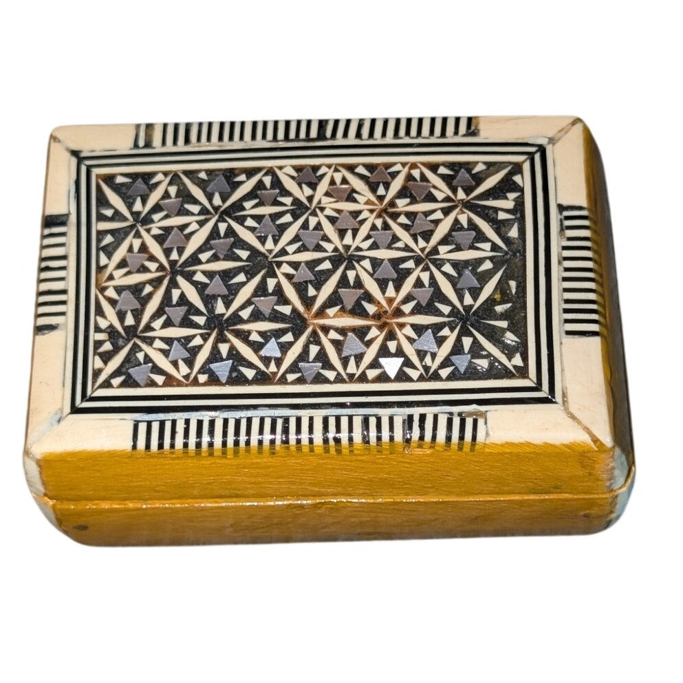 Vintage Egyptian Inlaid Wood Mother of Pearl Hinged Trinket Box Velvet Lining