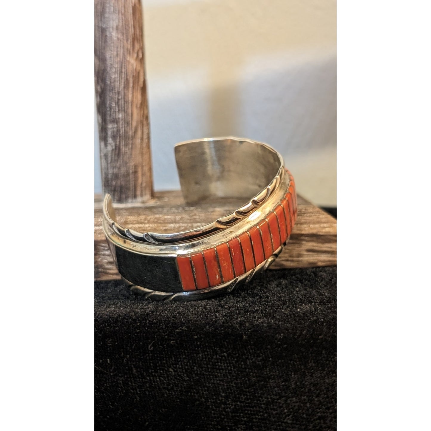 VTG Signed Zuni El Gasper Red Coral Inlay Sterling Silver Cuff Bracelet 44g