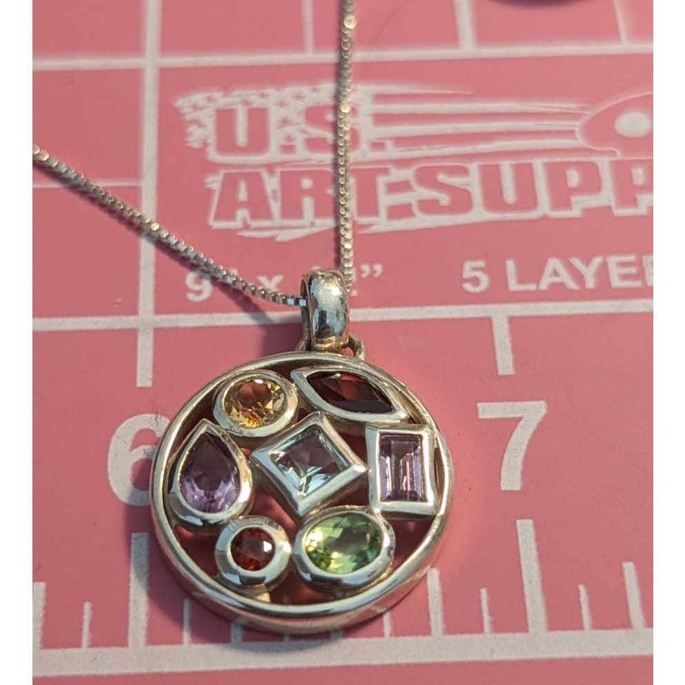 925 Sterling Silver Bezel Set Multi-Gemstone Necklace & Ring Set Ring Size 6