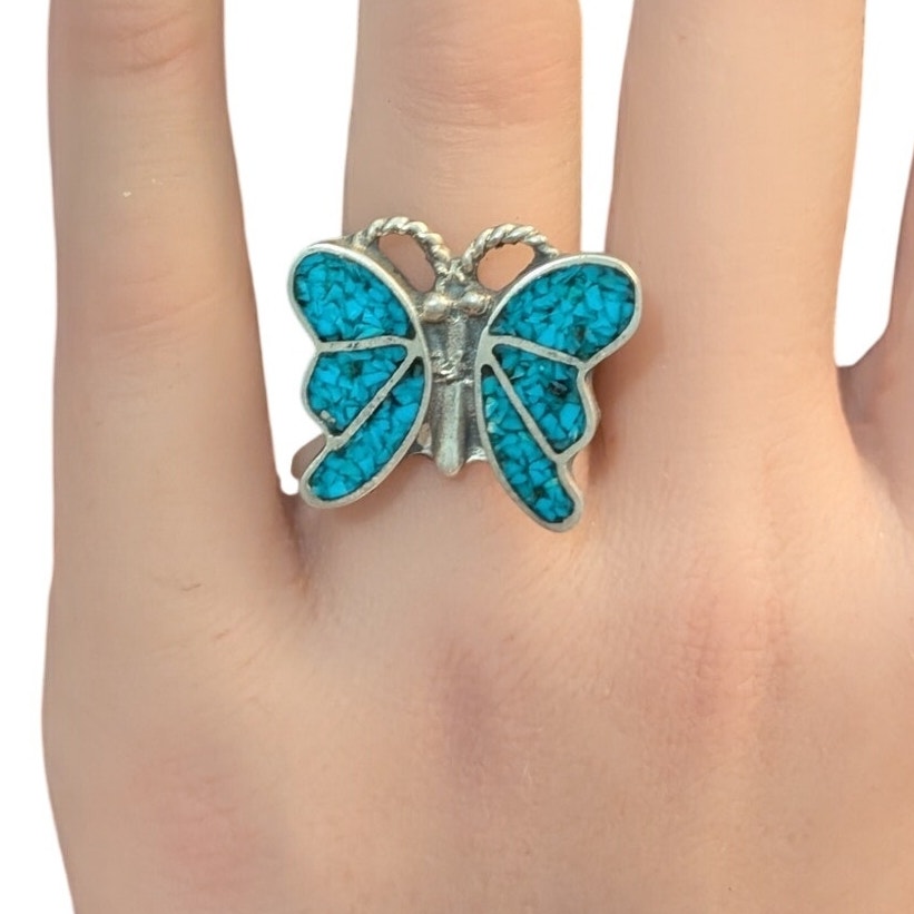 Vintage Crushed Turquoise Butterfly Design Sterling Silver 925 Ring Size 6