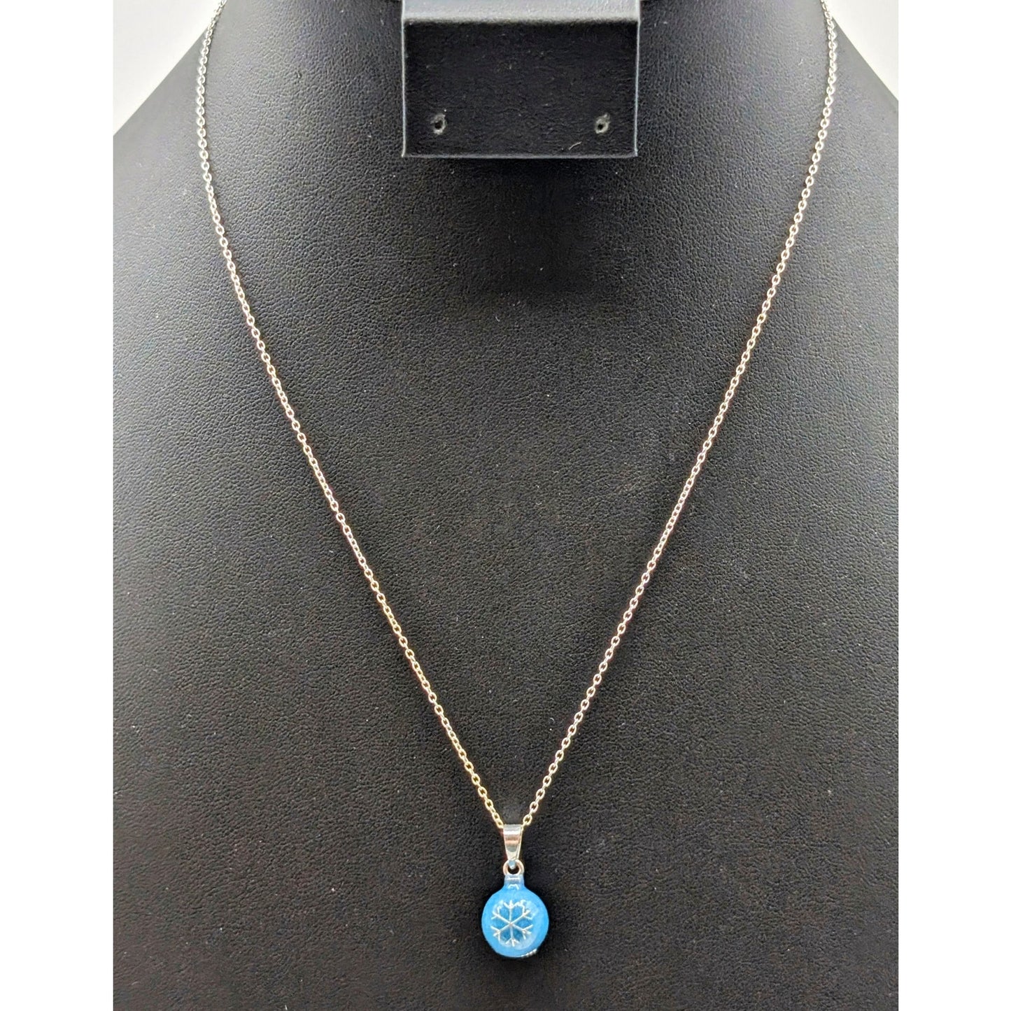 925 Sterling Silver Blue Glitter Glass Snowflake Bulb Pendant 18" Necklace