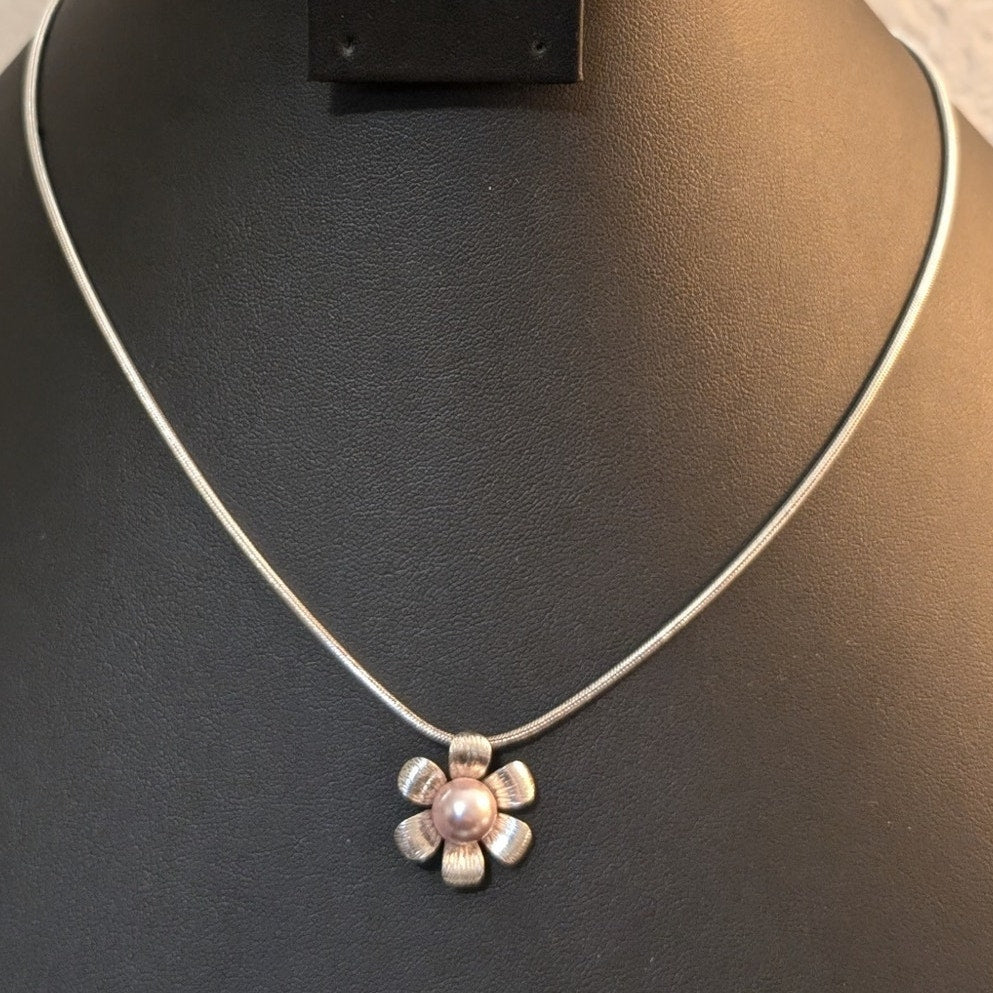 925 Sterling Snake Chain Pink Pearl Flower Pendant 18" Necklace
