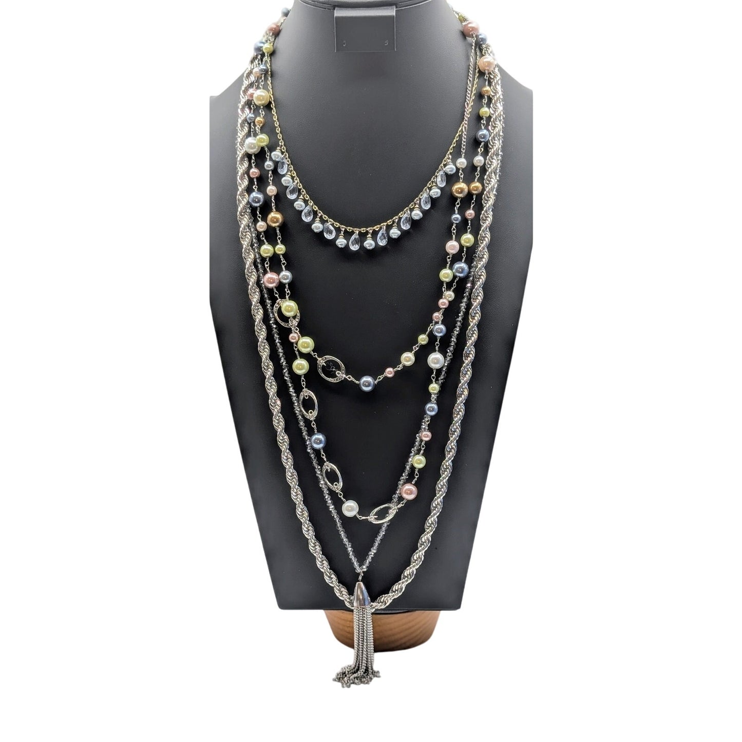 Lot of Four Faux Pearl Chain Crystal Silver Tone Necklaces