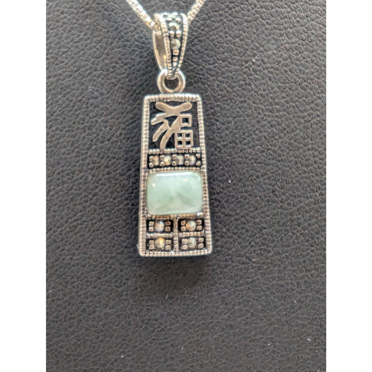 925 Sterling Green Jade-Marcasite Drop Earrings W/ Chinese Happiness Symbol Set
