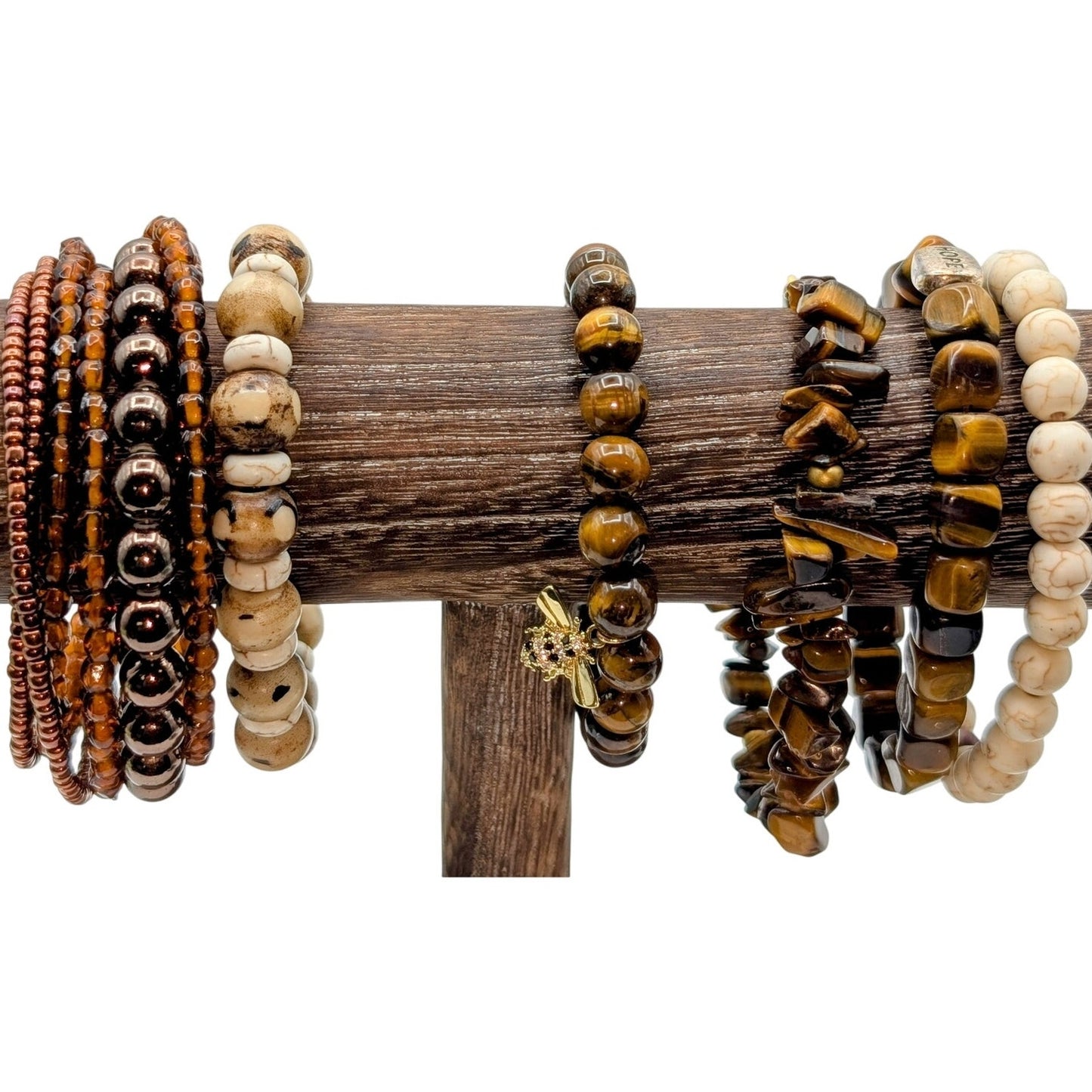 Lot of Six Brown/Cream Stone & Beaded Bracelets