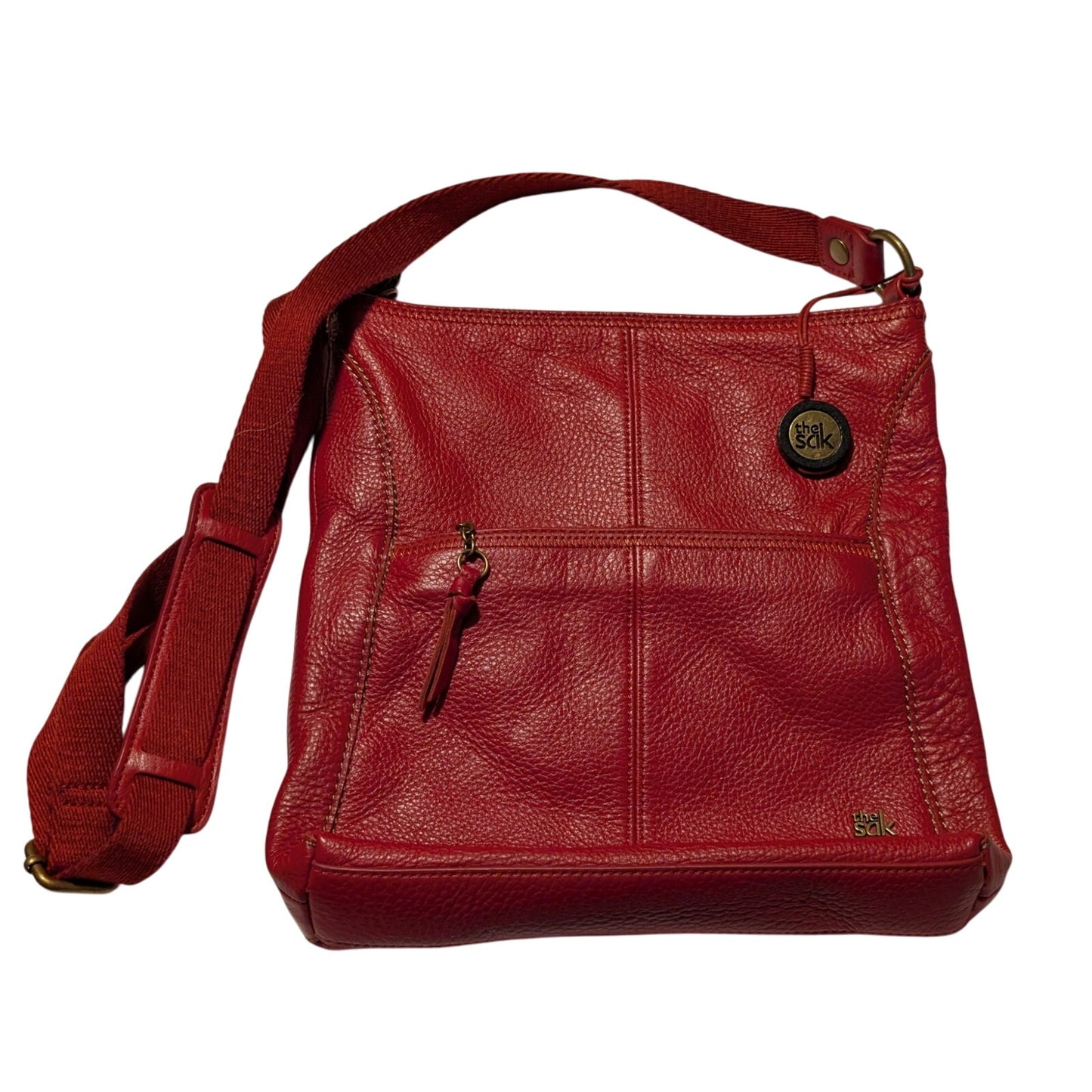 The Sak Red Pebbled Leather Canvas Adjustable Strap Crossbody Purse