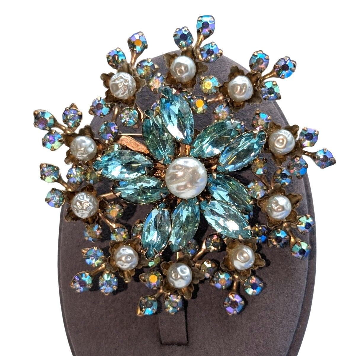 Gorgeous VTG Aqua Marquis Cut Rhinestone Faux Pearl AB Rhinestone Flower Brooch