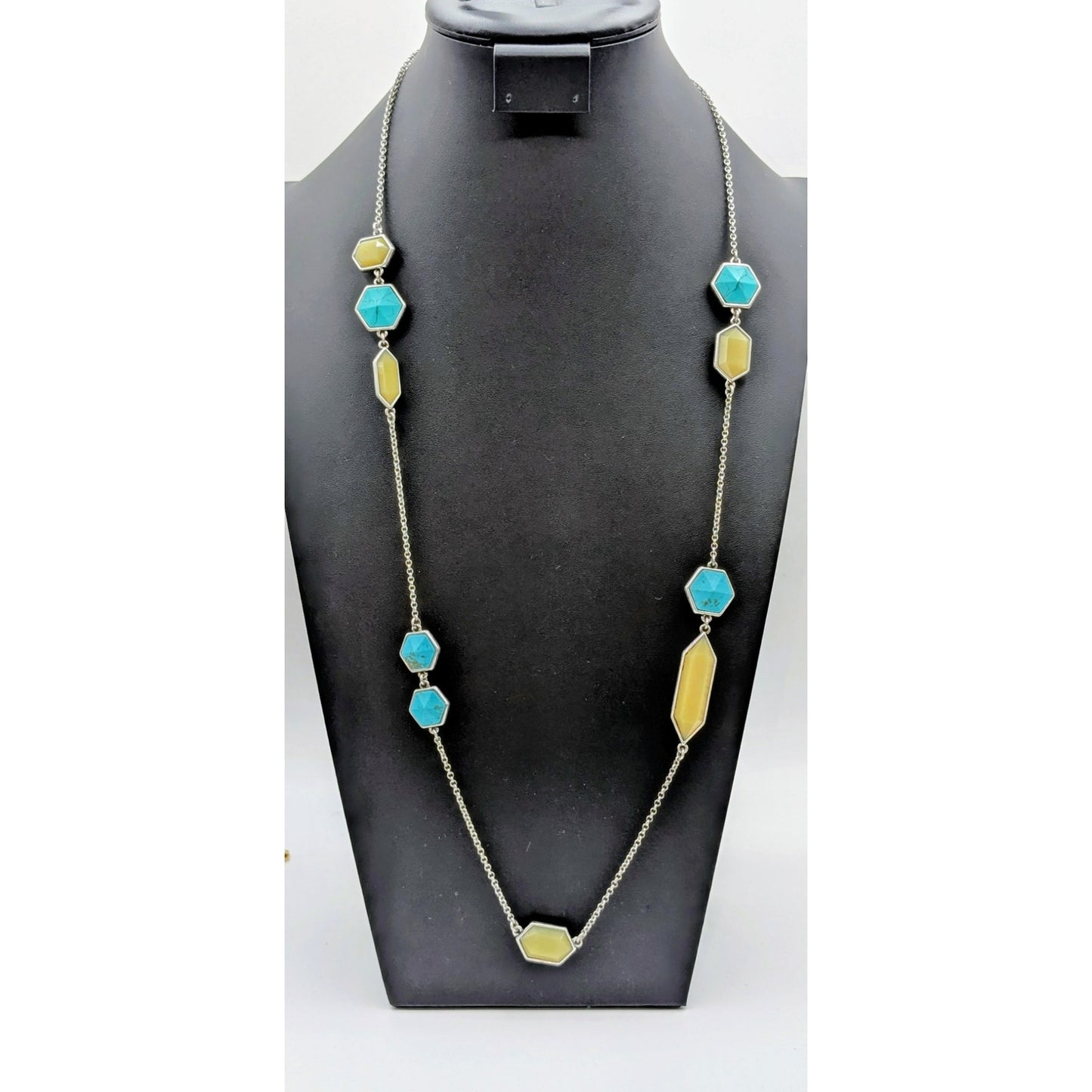 Lucky Brand NWT Blue & Green Bead Silver Tone Station 34"-36" Chain Necklace