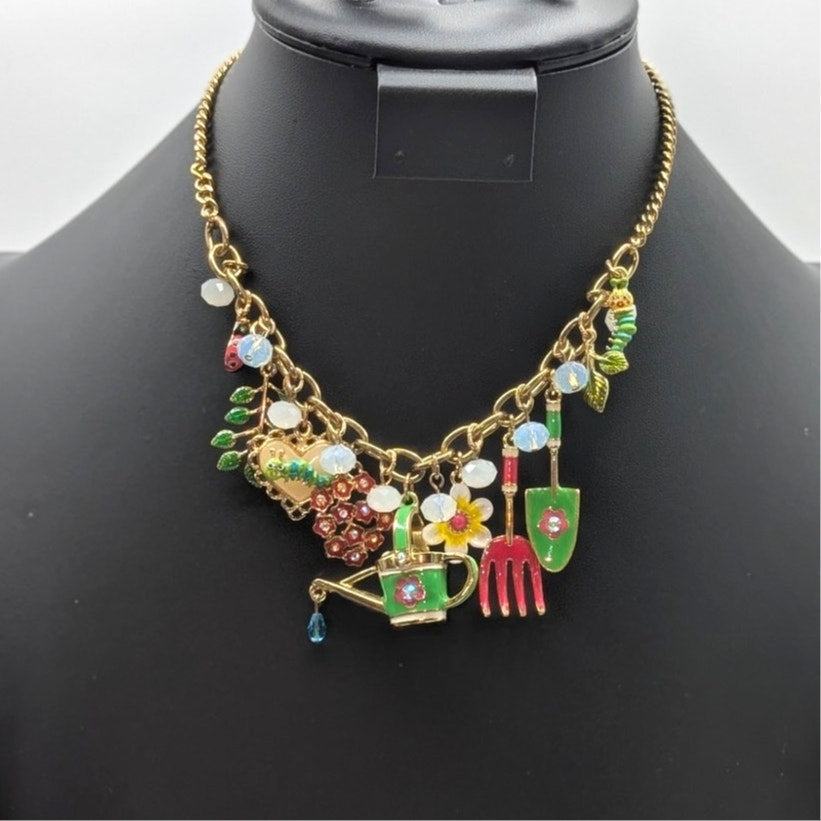 Betsey Johnson Garden Party Gold Tone Charm Dangle 15.75"-18.75" Necklace