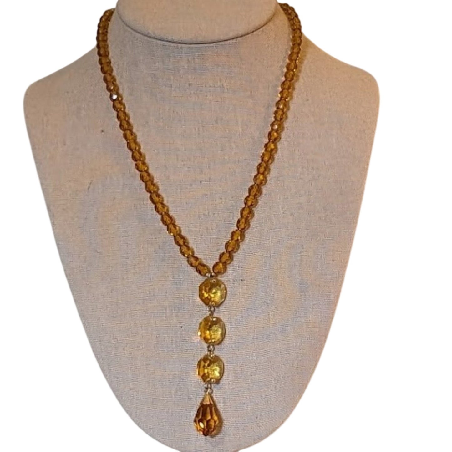 Lauffer Gold Tone Amber Color Crystal Bead Necklace with Faceted Teardrop Dangle
