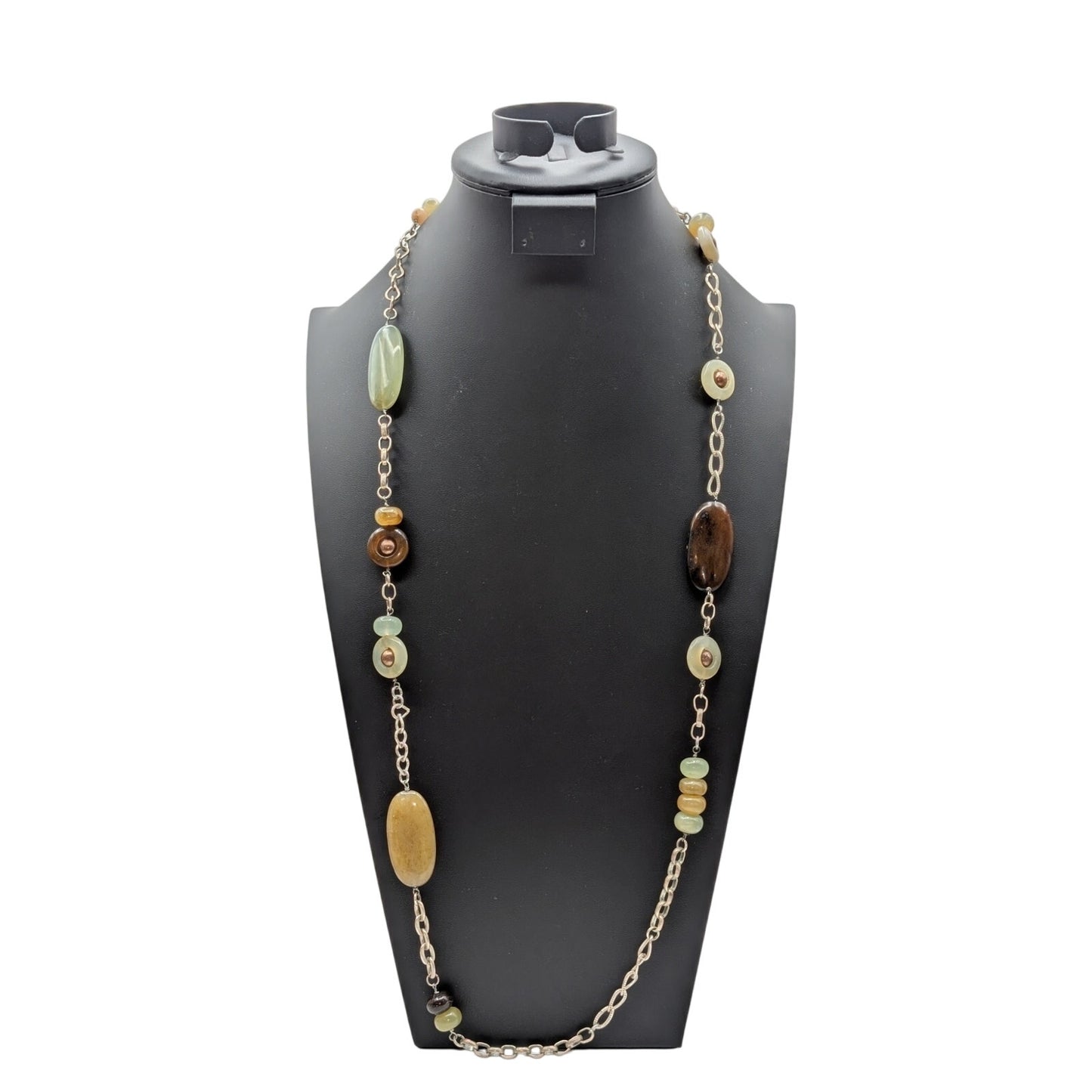 Vtg Green Brown Neutral Colors Stone & Glass Bead Silver Tone Chain Necklace