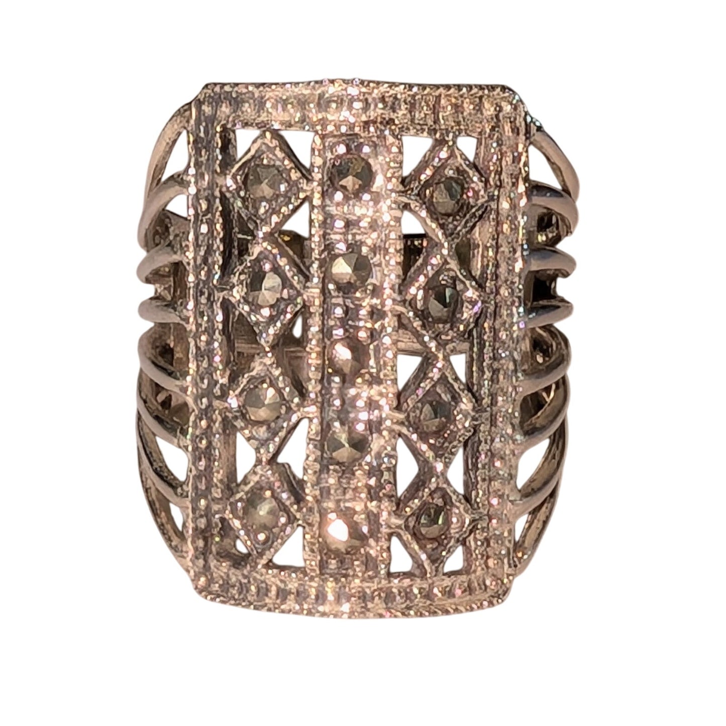 VTG Sterling Wide Long Rectangle Multi Split Shank Marcasite Band Ring Sz 8.75