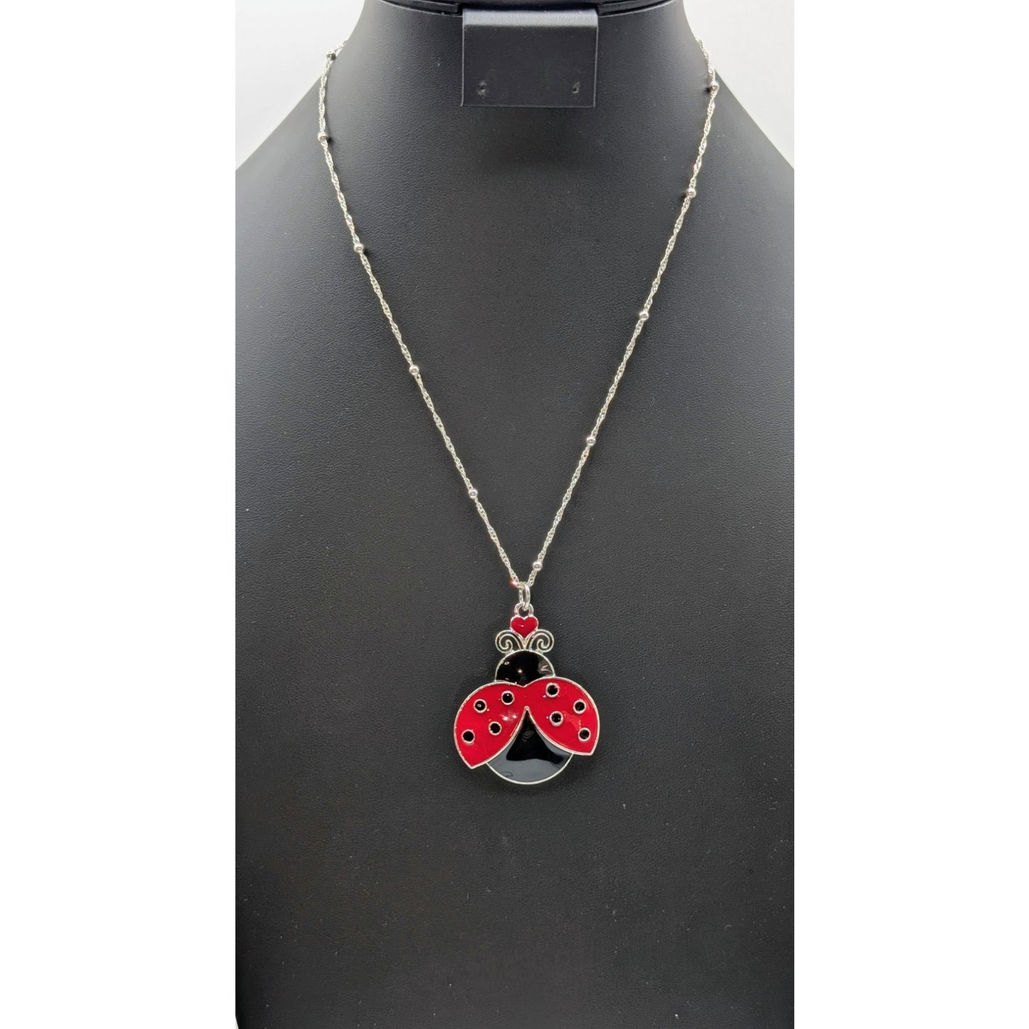 Red Black Enamel Lady Bug Pendant on 925 Italy Sterling Twisted Bead 20" Chain