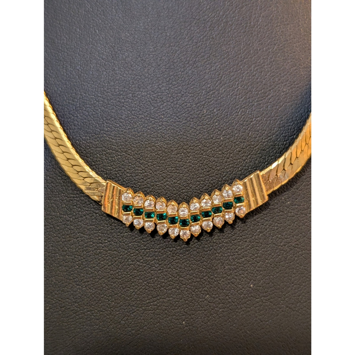 Vintage Gold Tone Herringbone Green Rhinestone 'V' Necklace Foldover Clasp