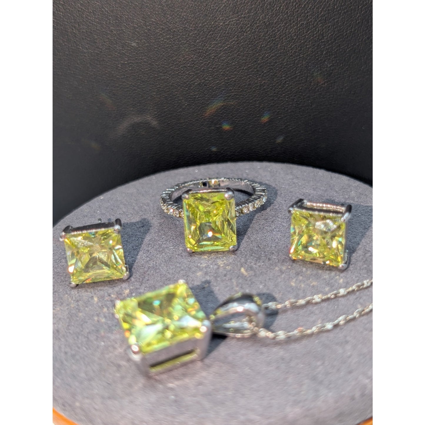 Demi-Parure Set of Green Apple Crystal Silver Tone Rhinestone Jewelry