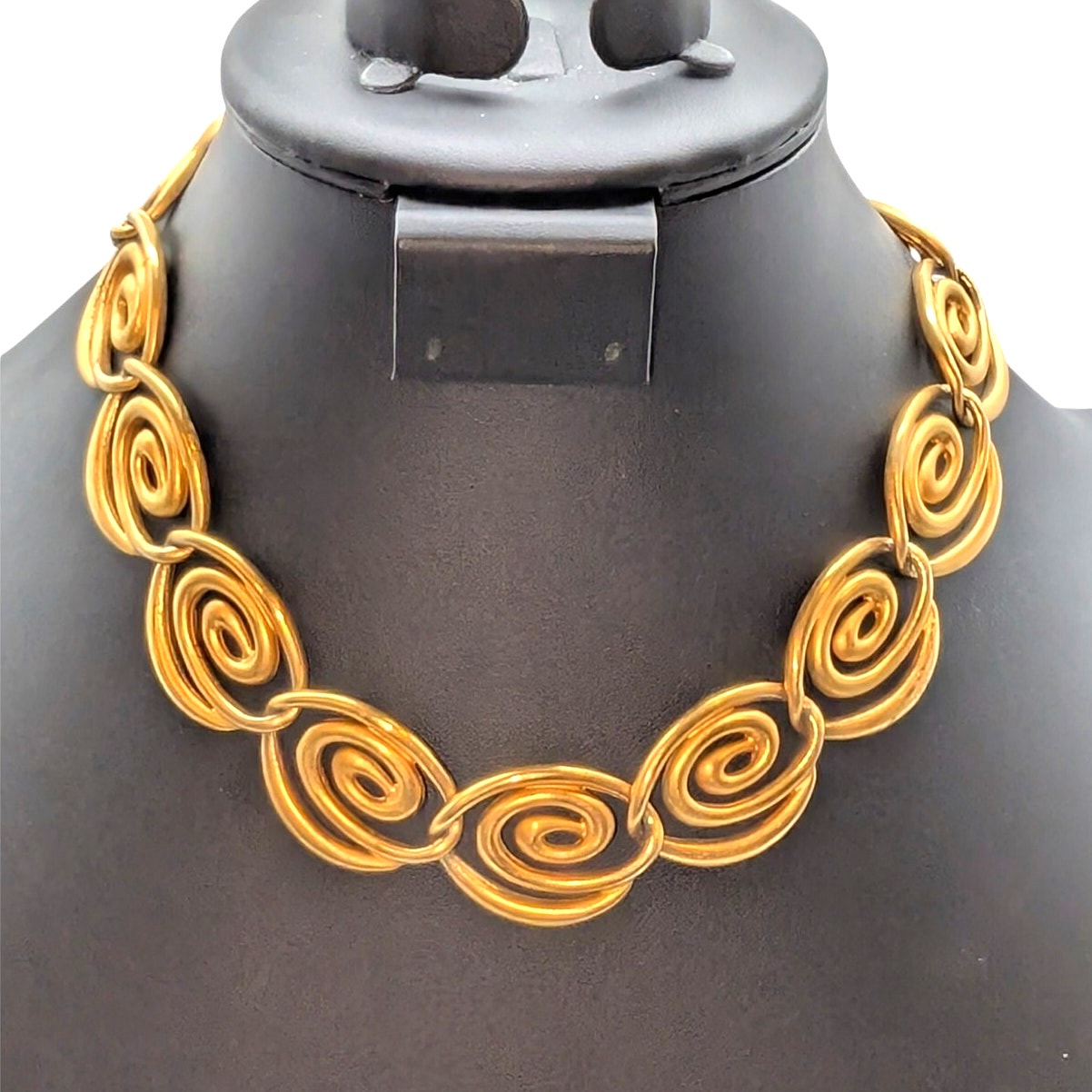 Vintage Anne Klein Modernist Signed Gold Tone Satin Finish Swirl Link Necklace
