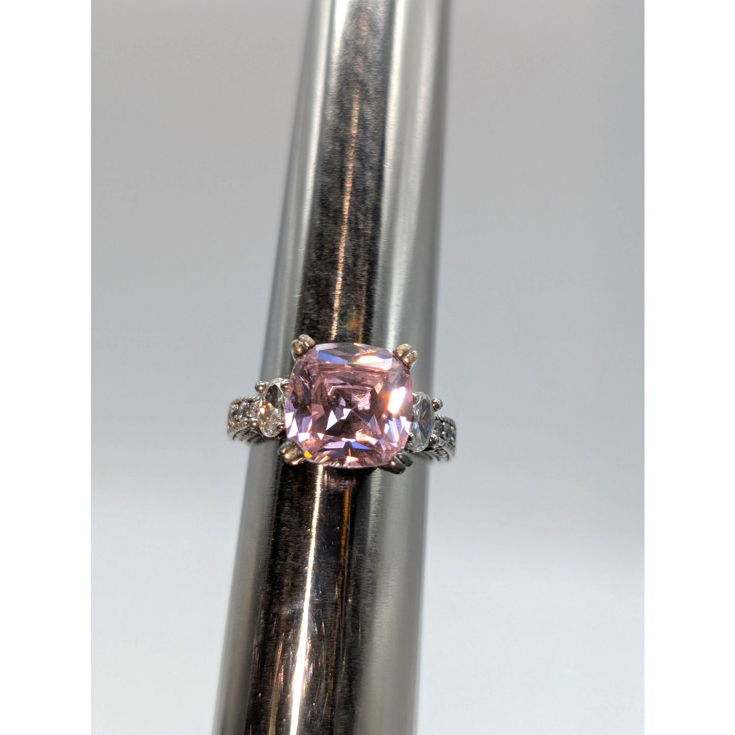 925 Sterling Silver Pink Multi Faceted Cushion Cut & CZ Ring Size 5.75