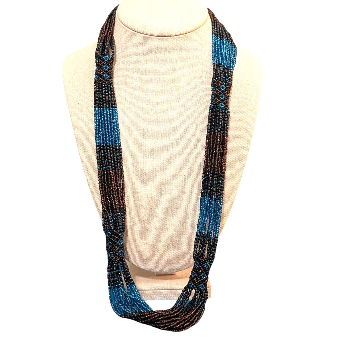 Brown & Blue Seed Bead Multi Strand Necklace With Woven Stations