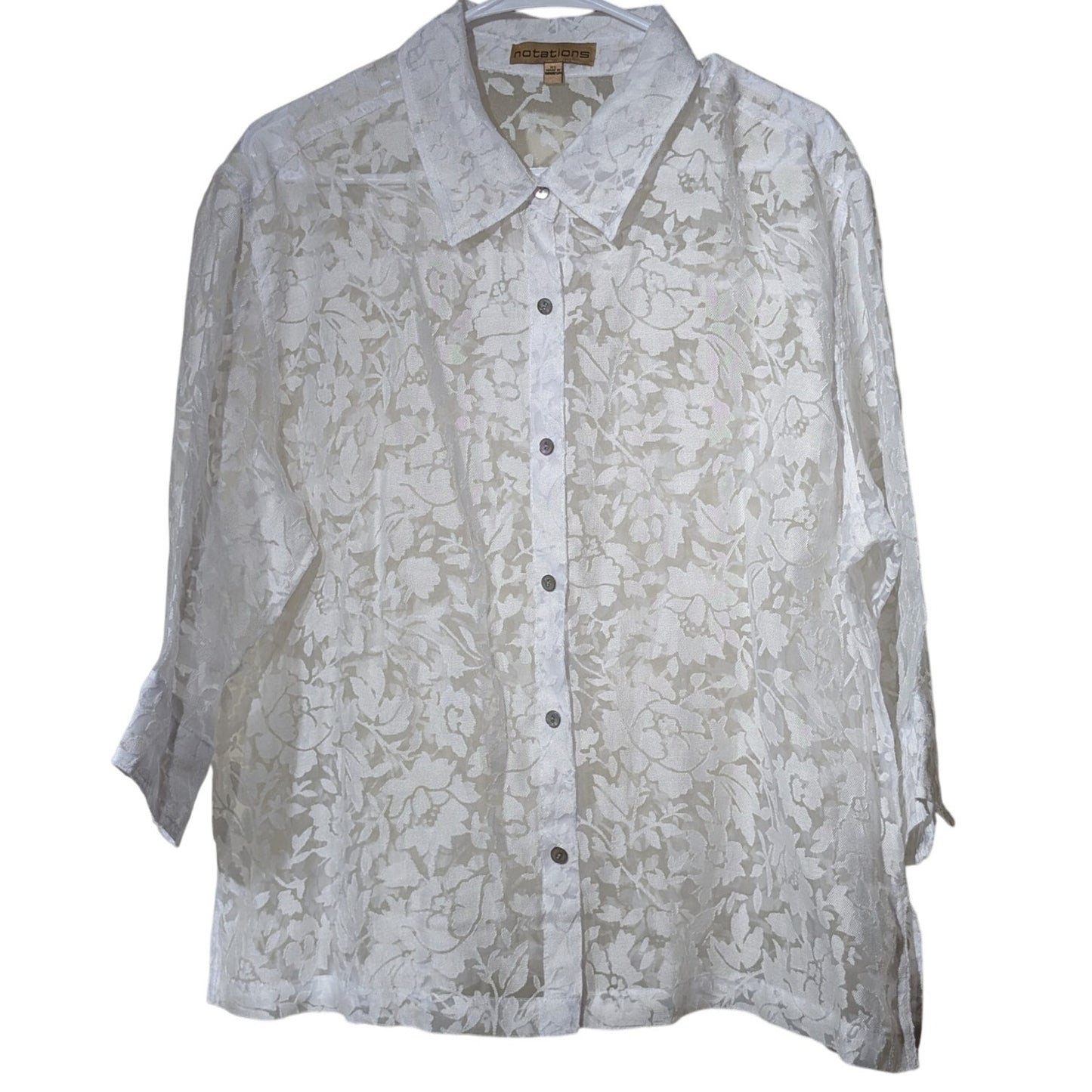 Notations Vintage White Cut Out Lace Button Front 3/4 Length Sleeves Shirt Sz XL