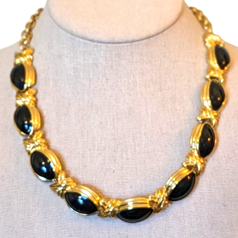 Chunky Vintage 80s Gold Tone X Link Black Enamel Necklace
