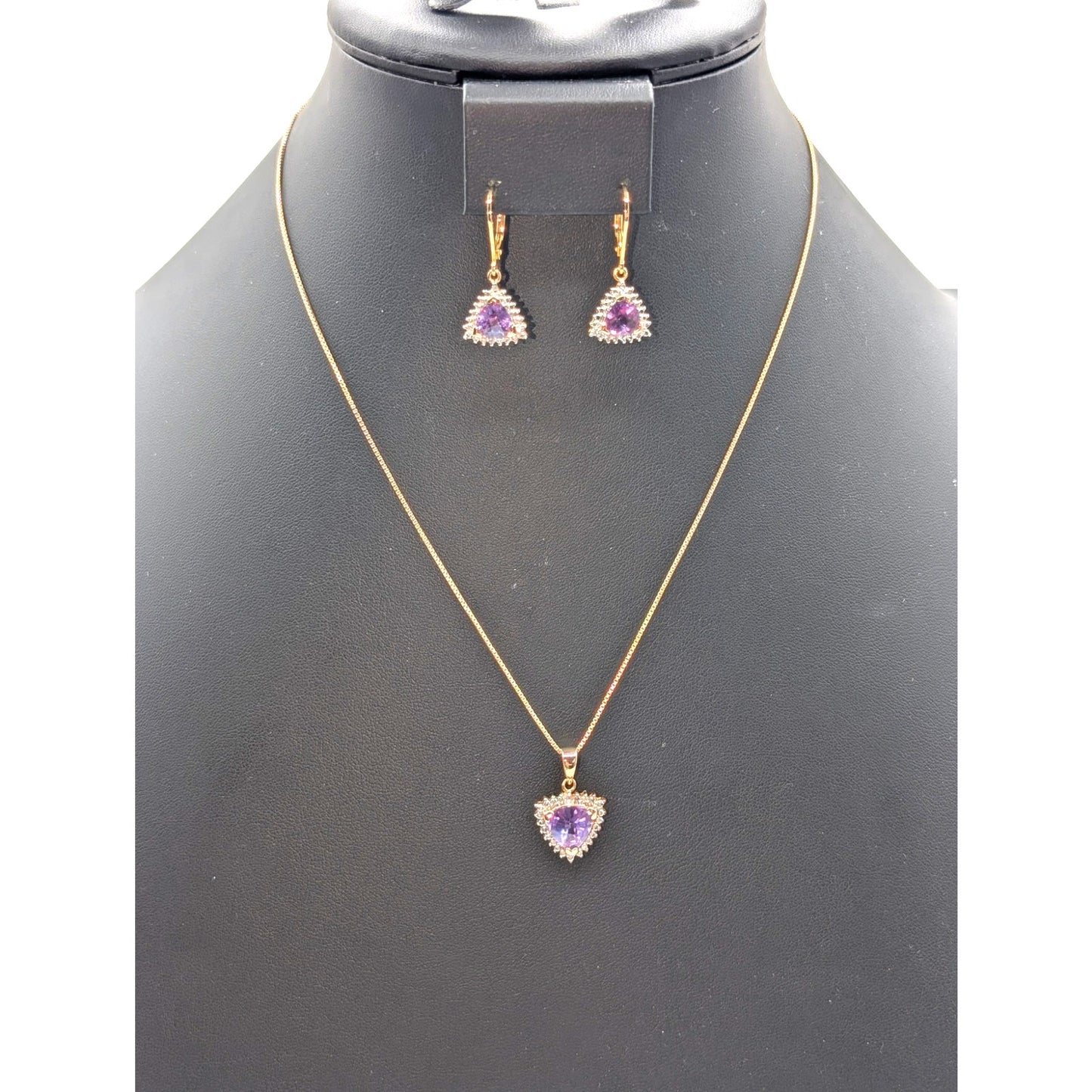 Vintage 925 Sterling Vermeil Faceted Purple Sapphire Pendant Necklace & Earrings
