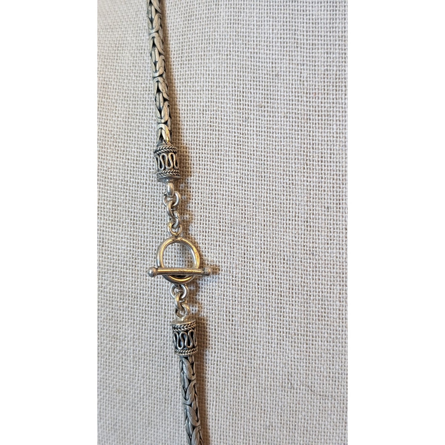 Sterling Silver 3mm Byzantine 30" Chain Necklace w/ Toggle Clasp & Bali End Caps