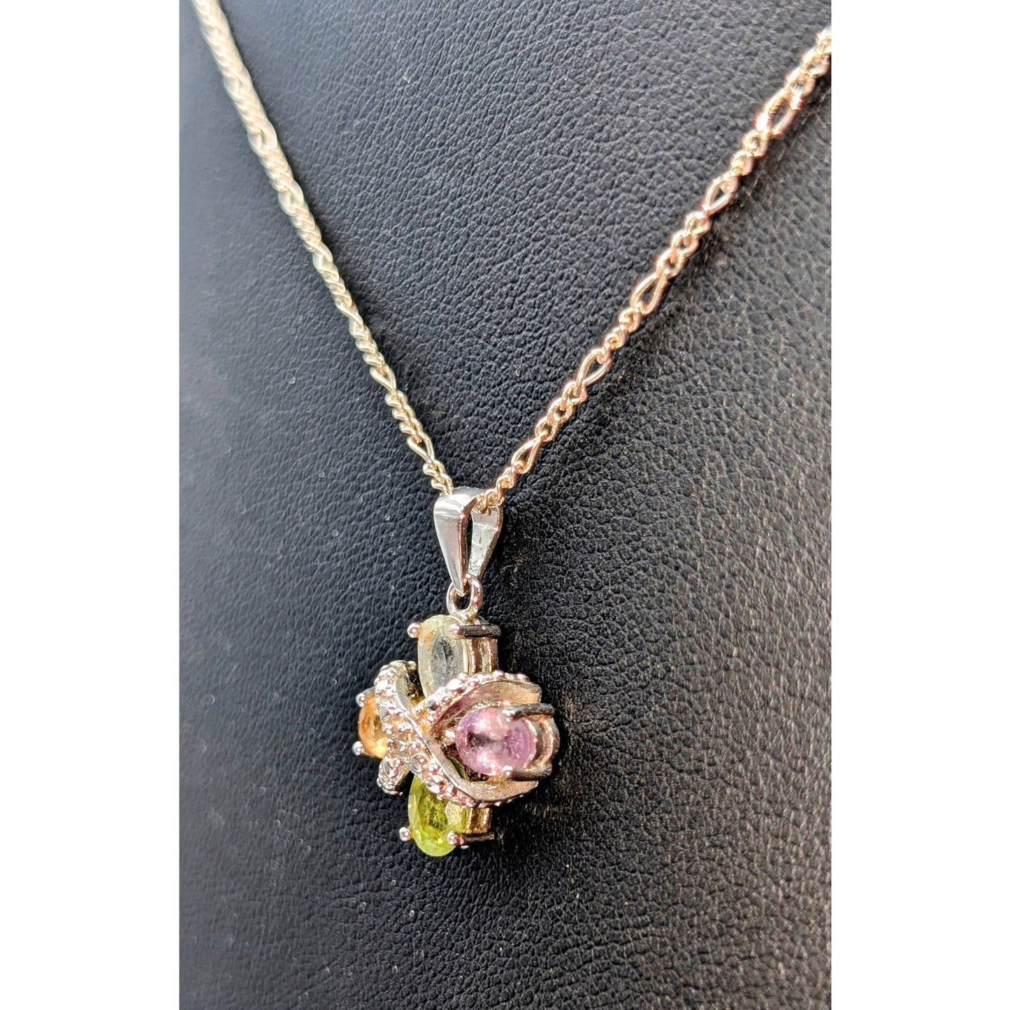 Vintage 925 Sterling Silver 4 Oval Gemstone & Diamond Figaro Chain Necklace