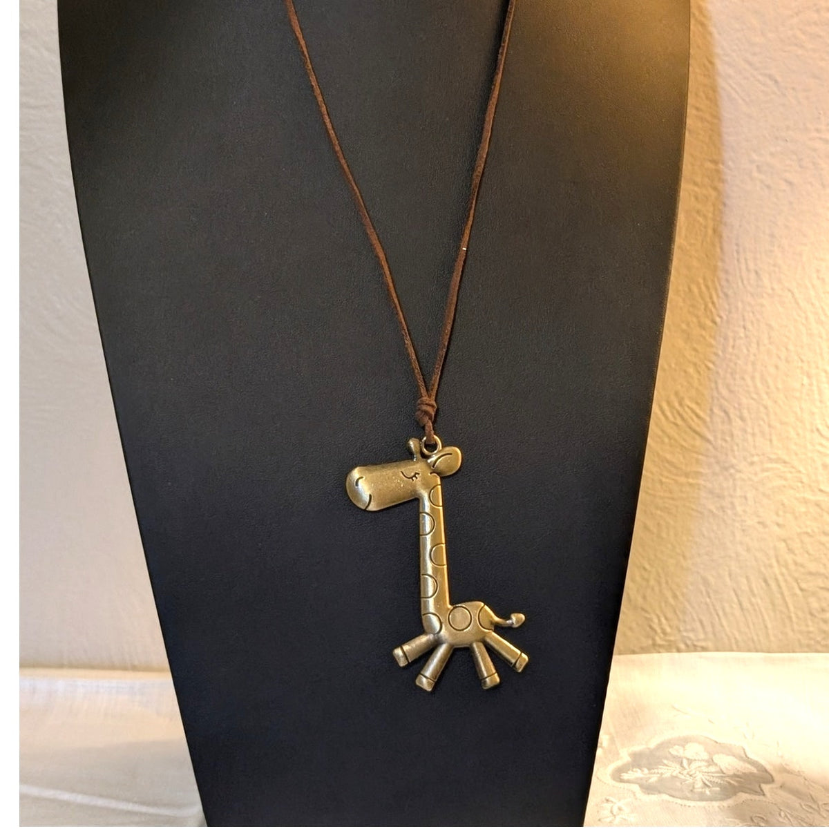 Brass Tone Cartoonish Giraffe Pendant Cord Necklace
