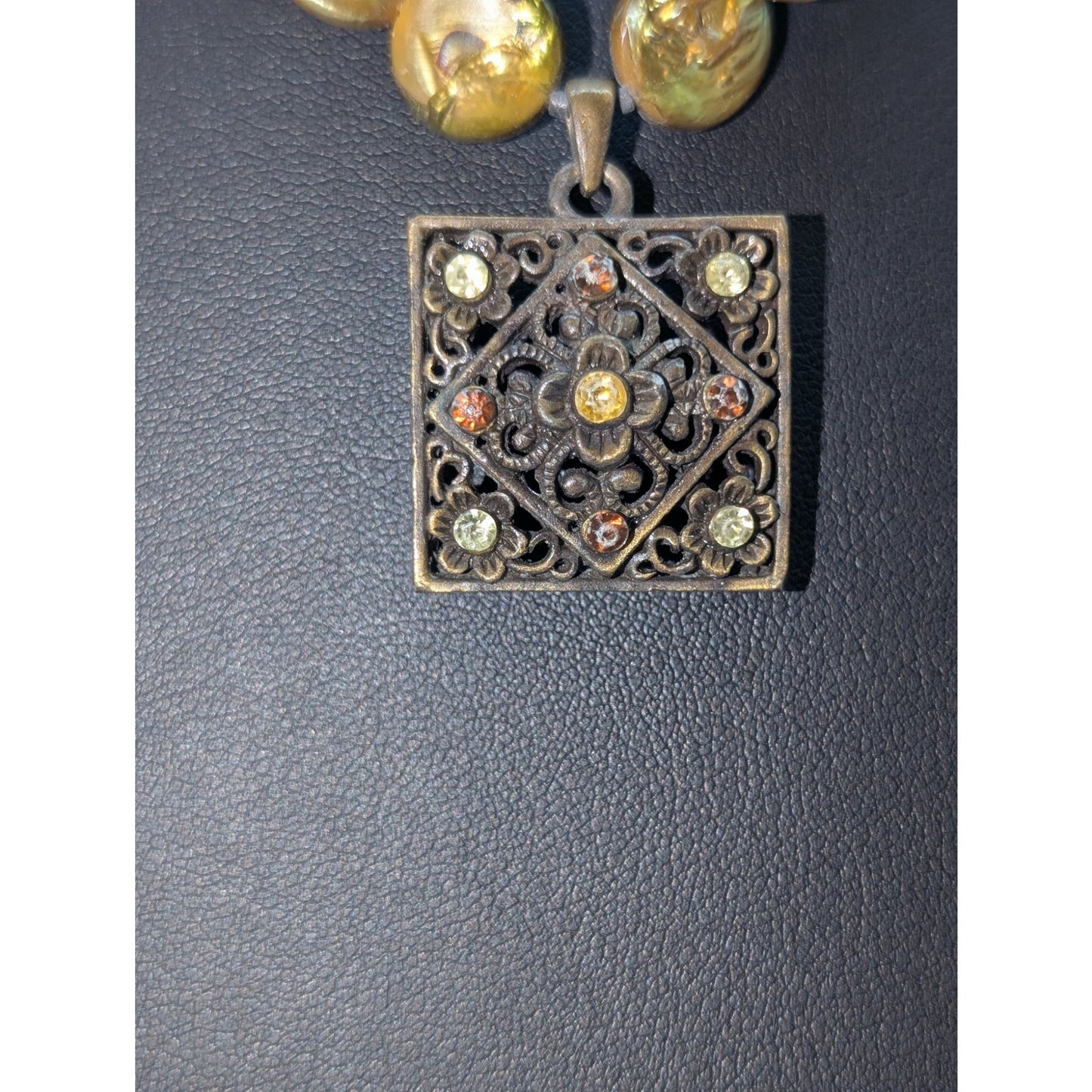 Genuine Green Coin Pearl Antiqued Filigree Square Pendant Necklace & Earring Set