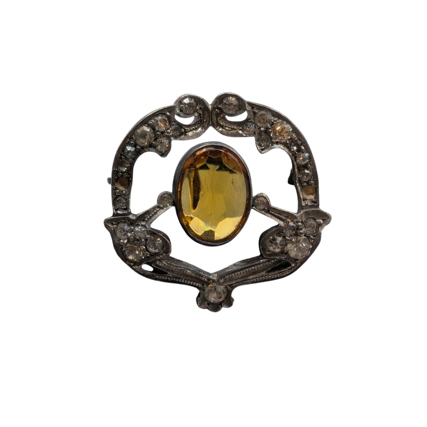 Antique Sterling Silver Citrine Glass Rhinestone/Paste Signed Brooch