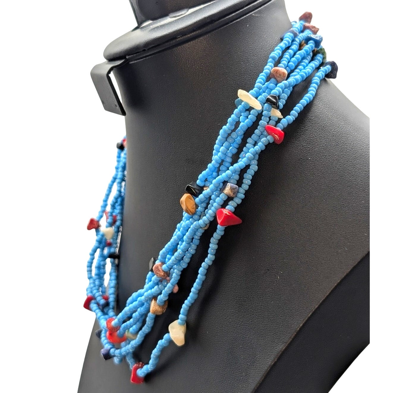 Six Strand Glass Seed Bead Genuine Stone Chip Beaded Button Clasp 20.5" Necklace
