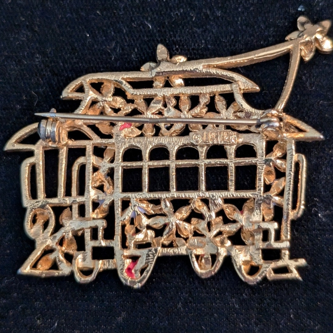 Vintage Signed Lisner Pink Blue Daisy Gold Tone Cable Car Brooch