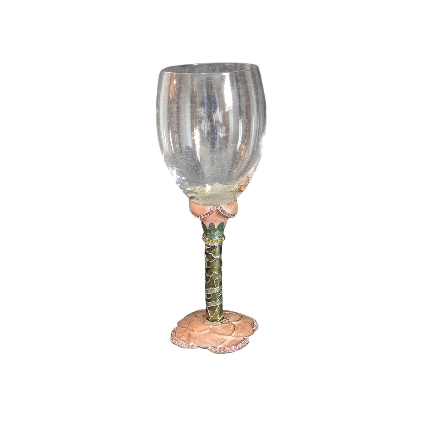 Vintage 2 Saints Pink Green Enamel Rhinestone Wine Goblet