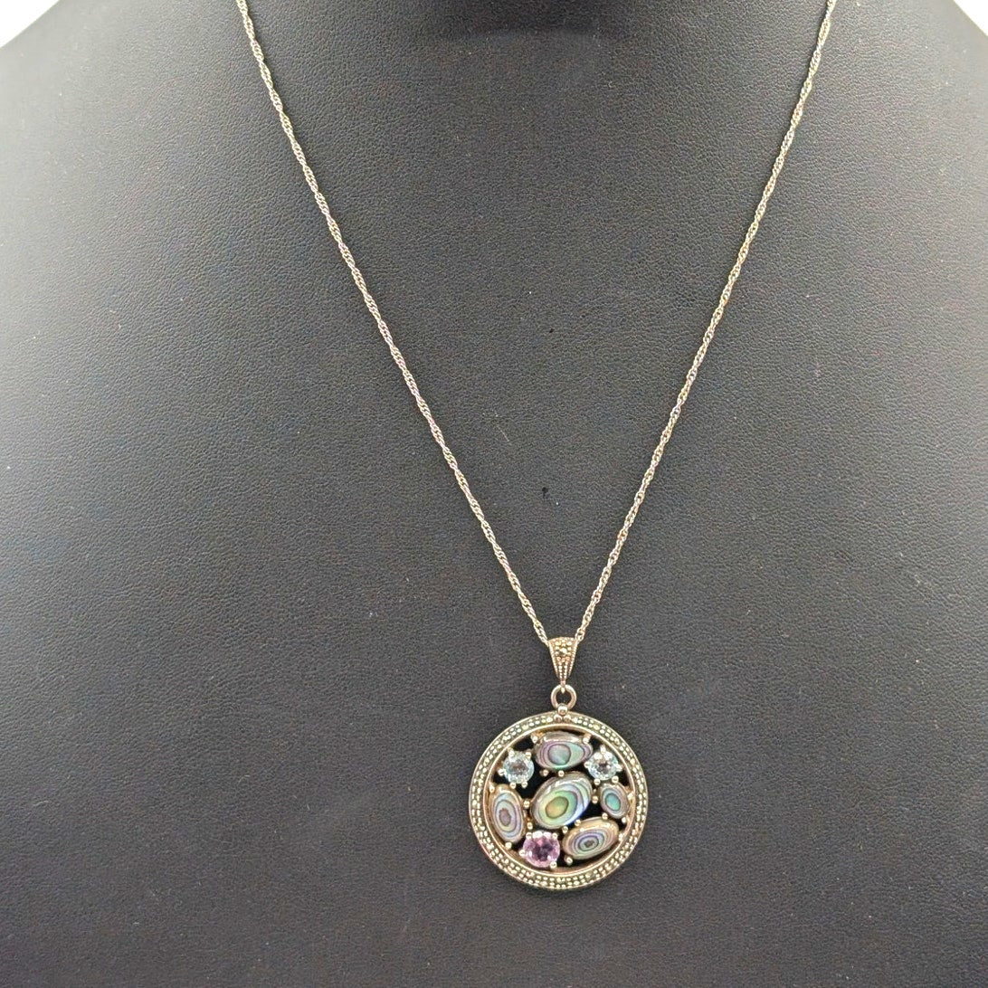 Vtg 925 Sterling Silver SLC Thailand Abalone Gemstone Marcasite Pendant Necklace
