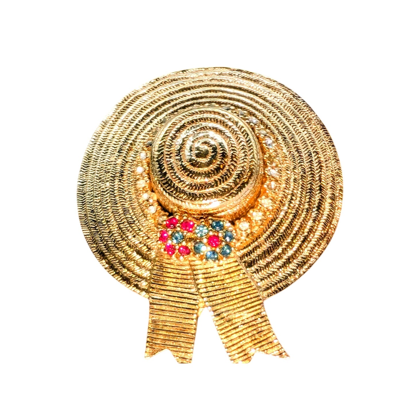 Ciner Signed VTG Gold Tone Multi-Color Clear Rhinestone Straw Hat Pin Brooch
