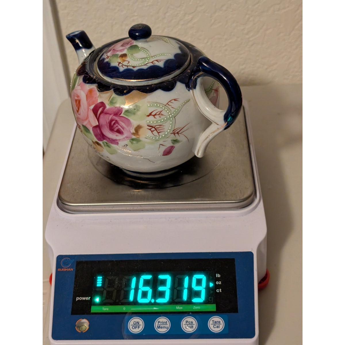 Vintage Nippon Cobalt Blue Cabbage Rose Teapot Two Cups and Two Saucers