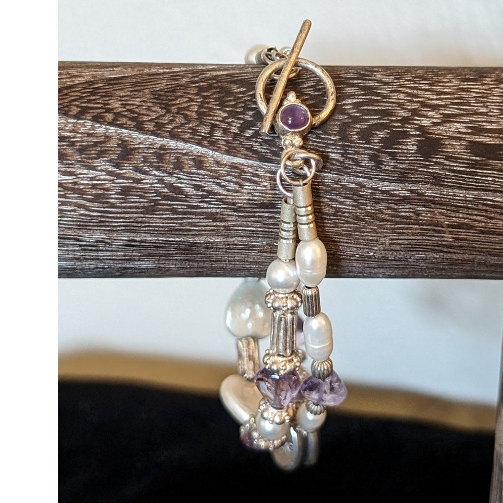Sterling Rice Pearl Heart Shaped Freshwater Coin Pearls Amethyst Charm Bracelet