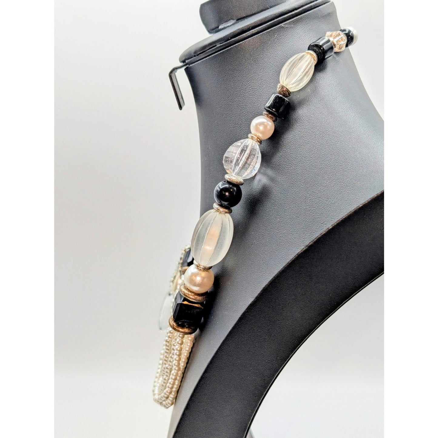 Vintage Black Clear Faux Pearl Multi Strand Side Tassel Hook Clasp 26" Necklace
