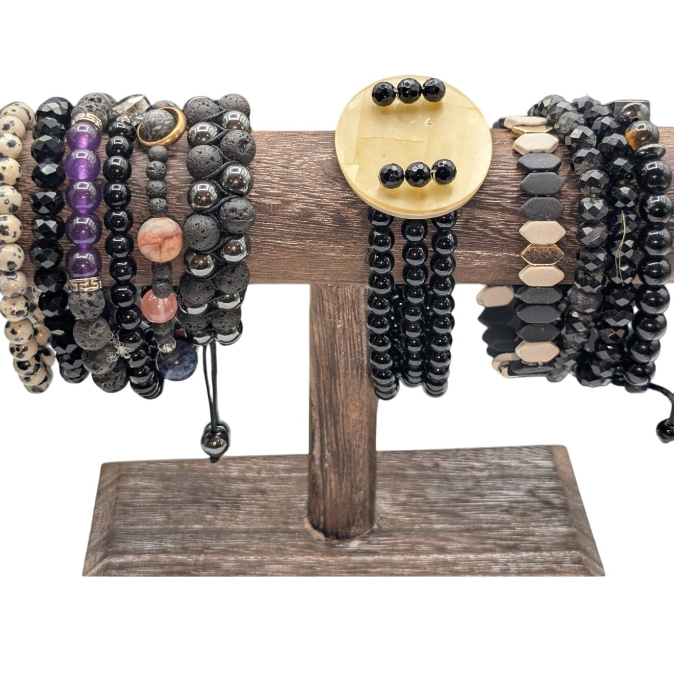 Lot of Eleven Black Theme Stone & Glass Bead Bracelets