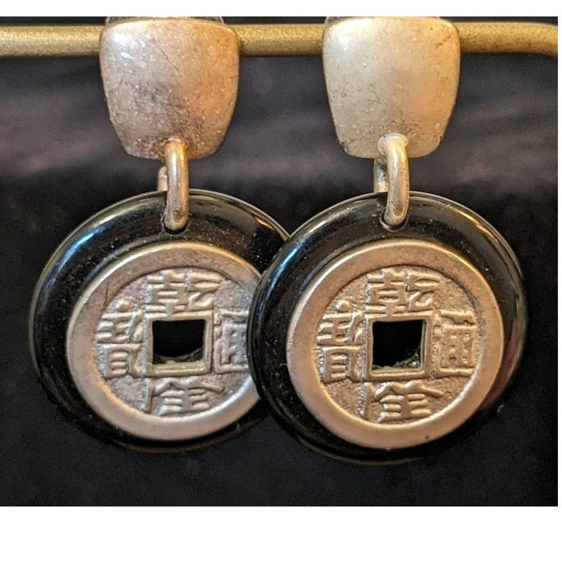 Chinese Coin Silver Tone Black Back Dangle Earrings