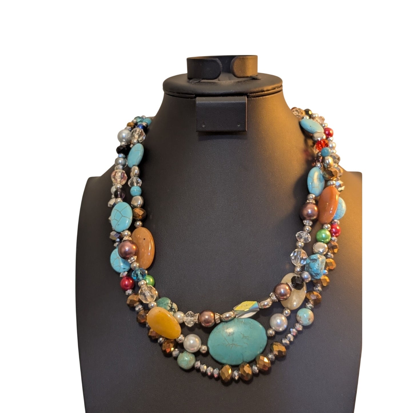 Southwest Layer Triple Strand Stone Crystal Bead Jeweled 20"-22.5" Necklace