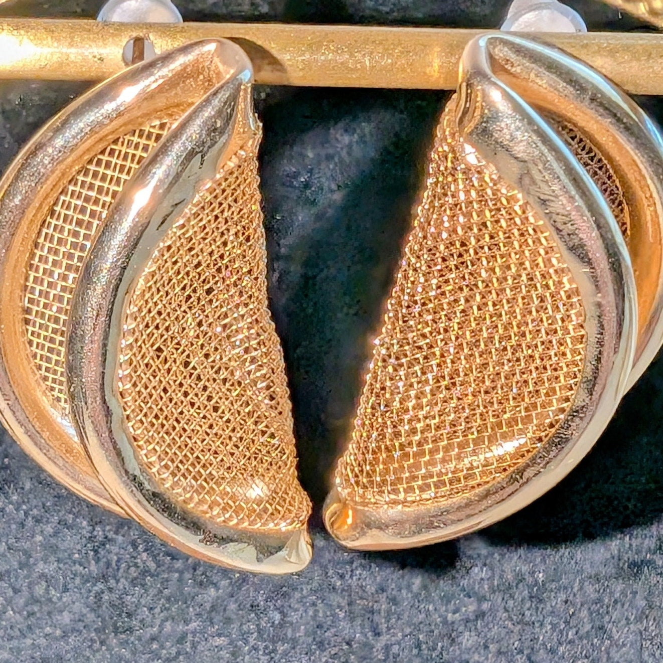 Vintage Gold Tone Mesh Fortune Cookie Pierced Earrings