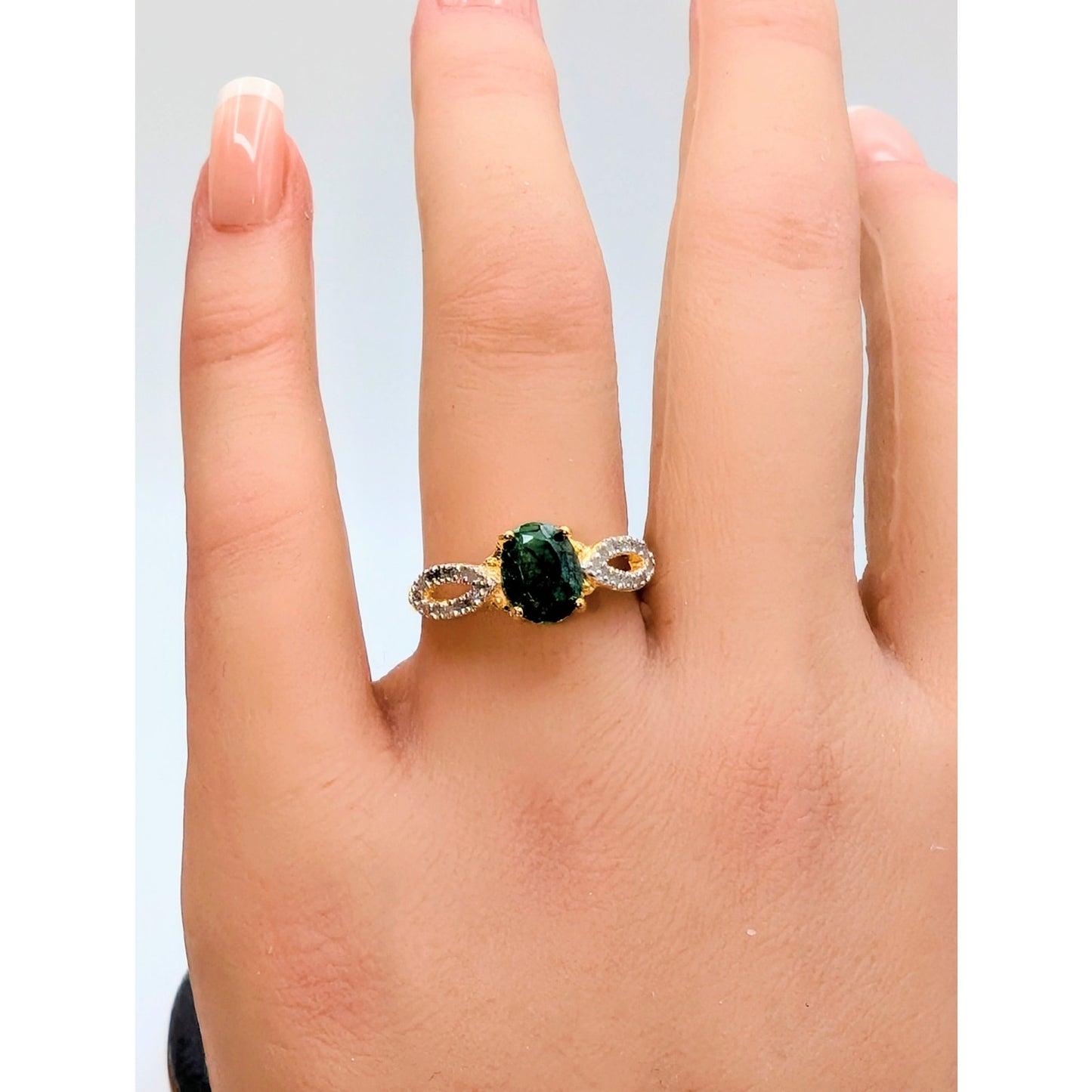 925 Vermeil (Yellow Tone) RT Green Sapphire & Diamond Ring Size 7