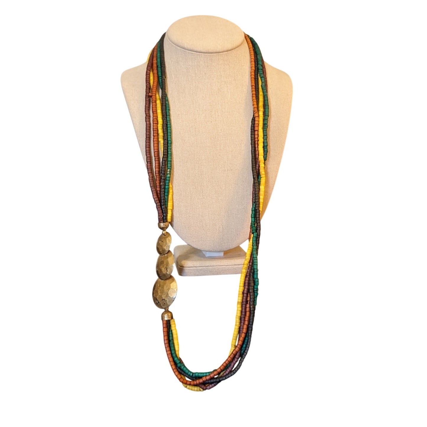 Vintage Beads in Black Brown Caramel Gold & Green Brass Accent Necklace