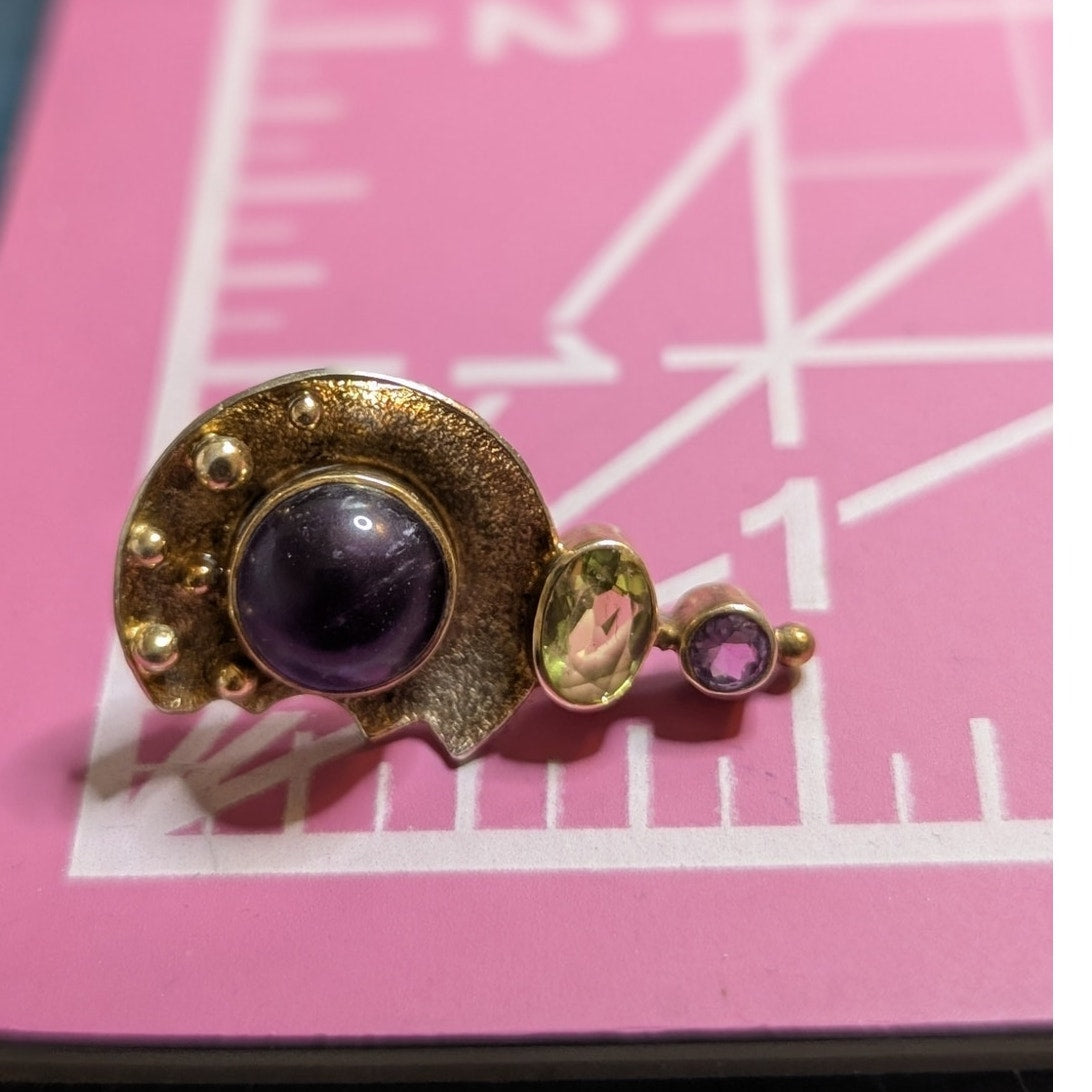 925 Sterling Silver Two Tone Amethyst & Peridot Pierced Post Earrings