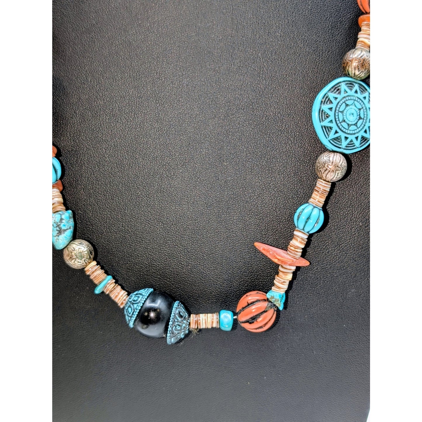 Vtg Southwestern Multi-Shape & Heishi Bead Turquoise Terra Cotta Color Necklace