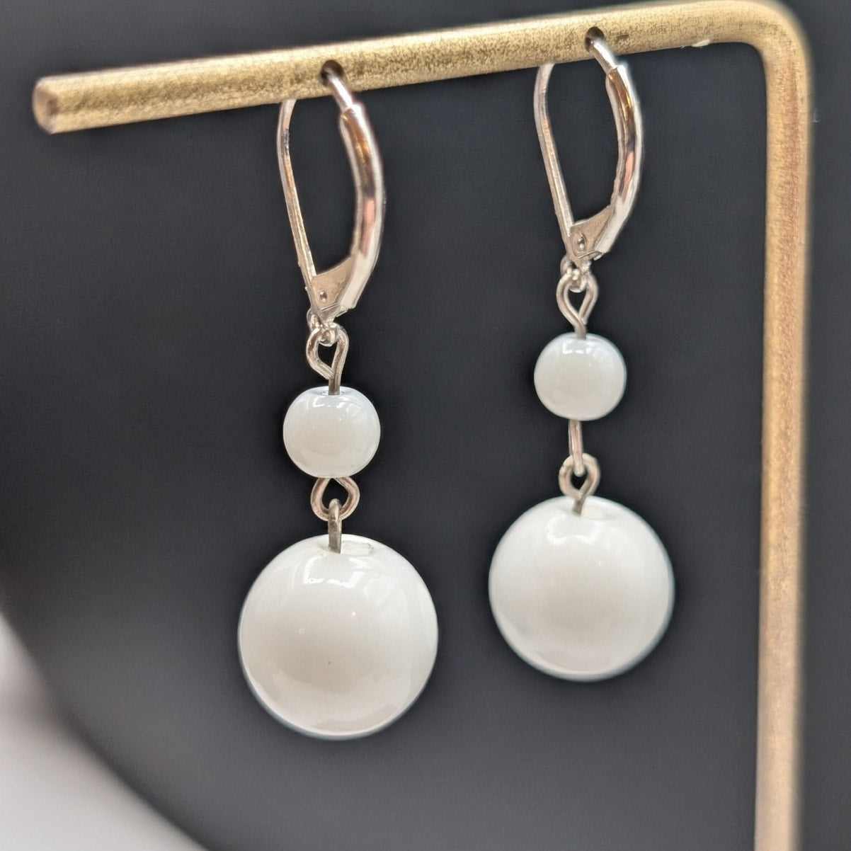 White Glass Silver Tone Lever Back Bauble Dangle Earrings