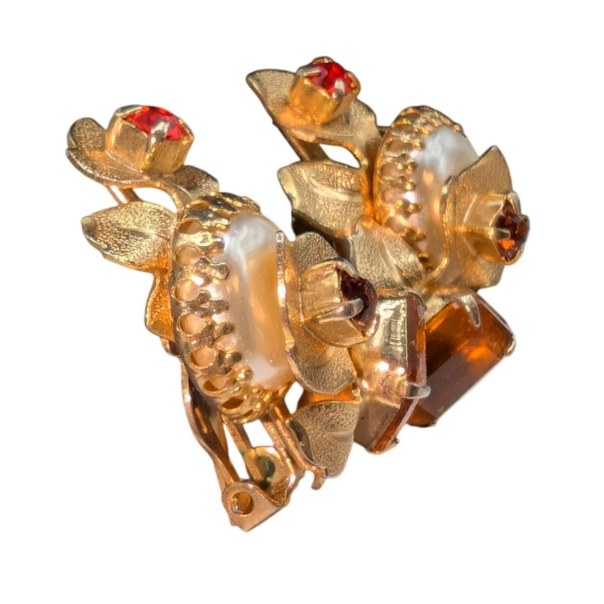 Vtg Unsigned Colors of Fall Rhinestone Faux Pearl 3D Gold Tone Clip On Earrings