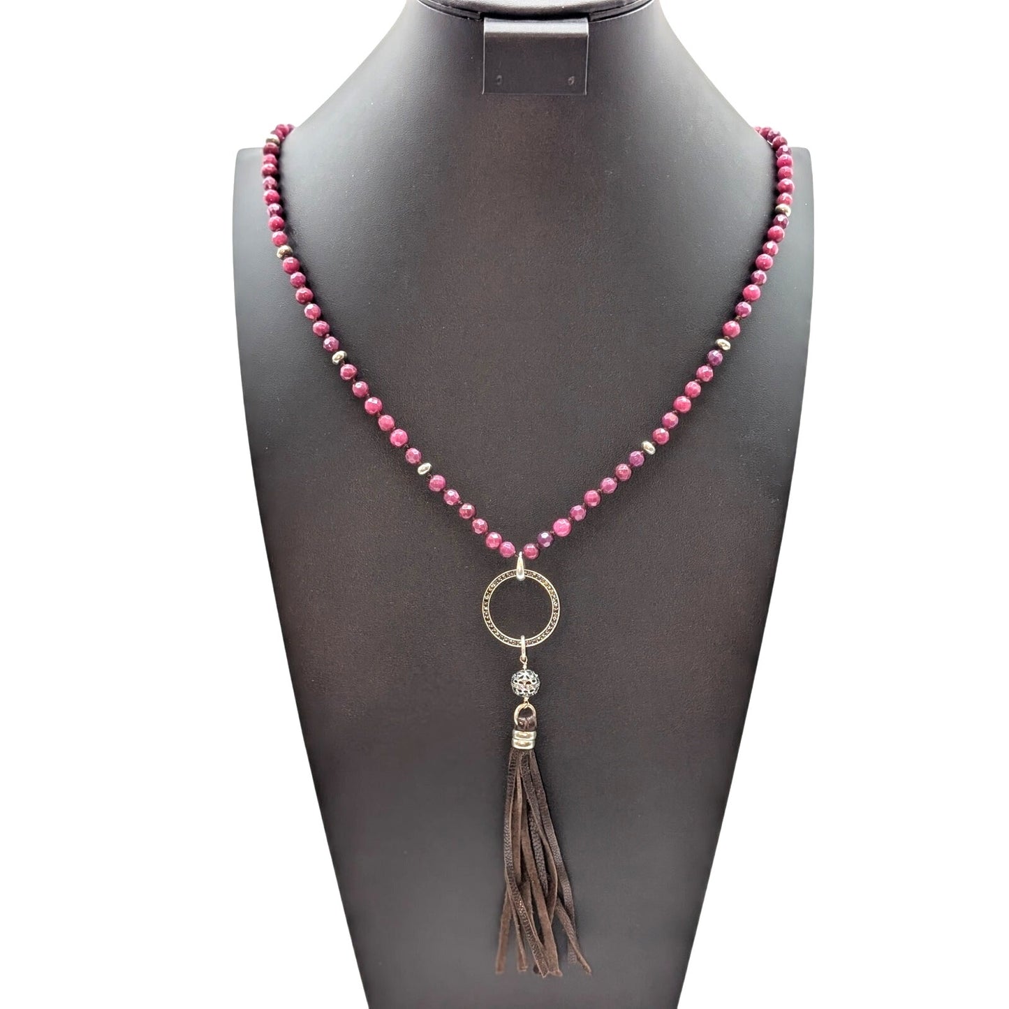 Lucky Brand Boho Wine Crystal Rhinestone Leather Tassel 34"-35.5" Necklace